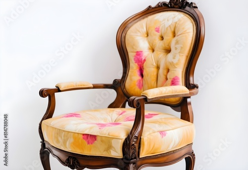 Elegant antique chair with colorful floral cushion isolated on white background, perfect for vintage home decor themes and interior design projects photo