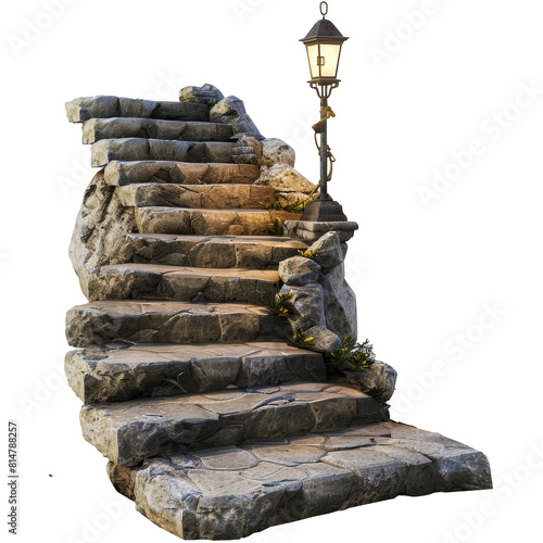 Medieval stone stairs with ornate lights, 3d elements, transparent background