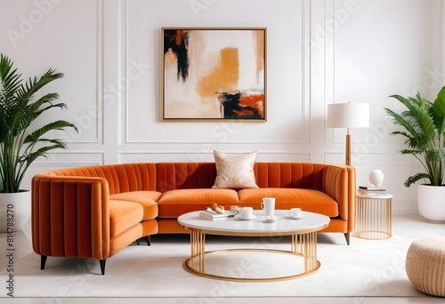 Modern Living Room Interior Design with Orange Couch and Wooden Coffee Table © umar