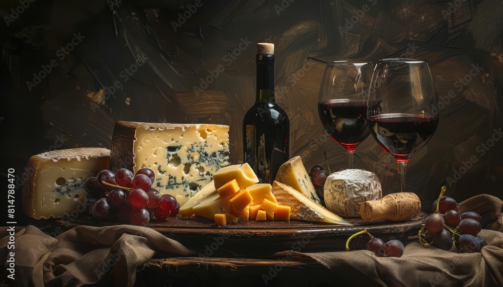 An elegant banner showcasing a platter of cheese and wine, styled with vintage elements and soft lighting to attract sophisticated palates