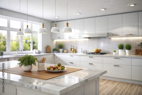 Modern luxury white kitchen tabletop with decors and copy space for montage your product display over blurred modern kitchen space in the background. 