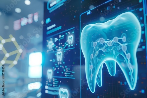 An infographic details the pH levels optimal for human saliva to prevent tooth decay, projected on a smart screen, Sharpen close up hitech concept with blur background photo
