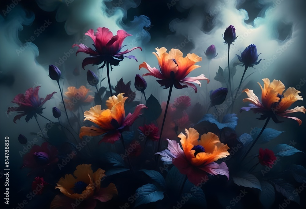 Vivid Bouquet of Colorful Flowers Against Dramatic Dark Background
