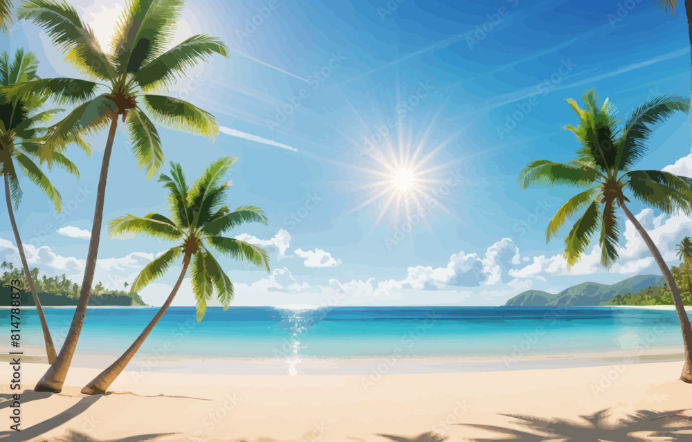 a beach with palm trees and a bright blue sky