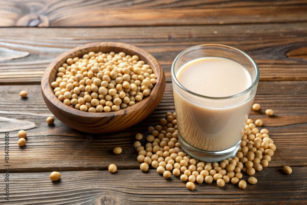 Glass with soy drink and bowl full of soy beans on wooden table on wooden table. Top view Glass with soy drink and bowl full of soy beans on wooden table on wooden table. Top view