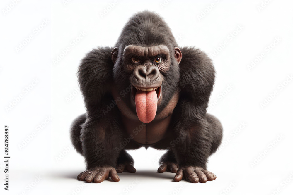 Fototapeta premium Full body Photo of a gorilla with a humorous expression, sticking out its tongue Isolated on white background