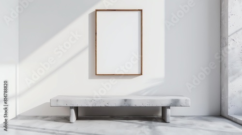 Galleryinspired minimalist design with one blank frame on a white textured wall above a concrete bench  creating a modern display space  3D illustration