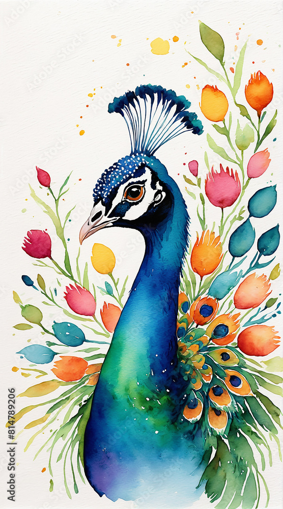 Fototapeta premium The peacock spread its tail, watercolor painting style, generative AI. 