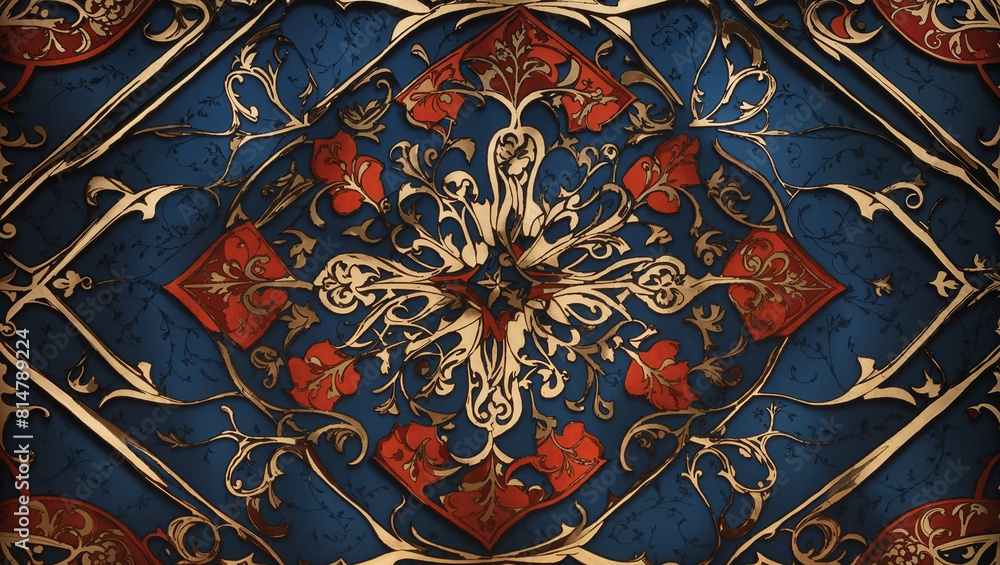  a blue and orange pattern of interlocking quatrefoils and other shapes.