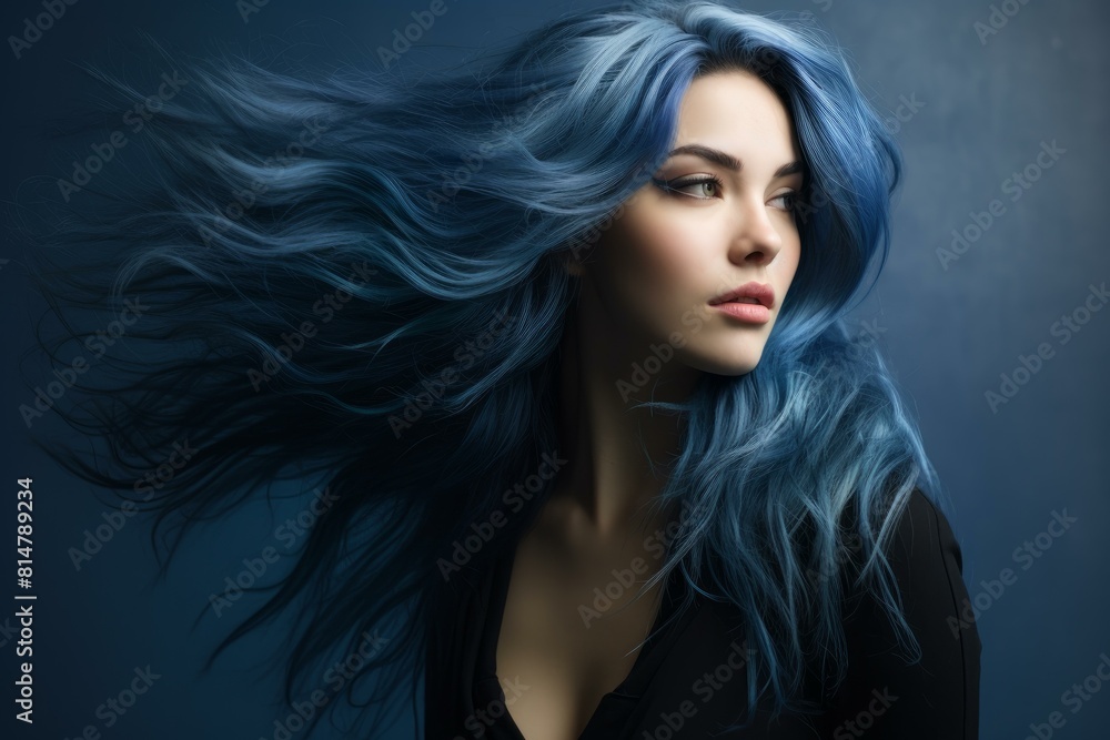 Portrait of a woman with vibrant blue hair on a dark background, exuding elegance and confidence Portrait of a woman with vibrant blue hair on a dark background, exuding elegance and confidence