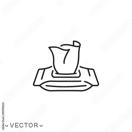 wet tissue wipes icon, open sanitizer bag, tissue, disinfectant napkin pack, thin line symbol isolated on white background, editable stroke eps 10 vector illustration