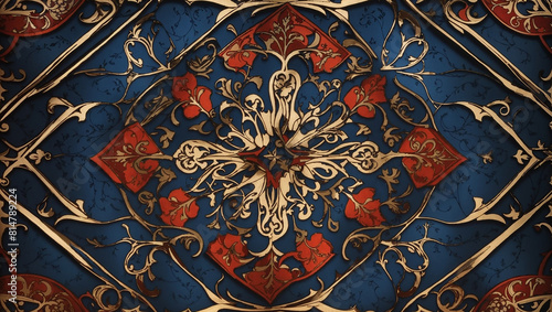 a blue and orange pattern of interlocking quatrefoils and other shapes.