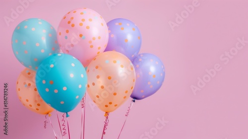 パーティー風の風船の束とピンクの背景
