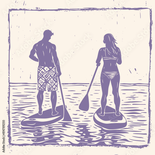 Man and woman stand-up paddleboarding, vector illustration
