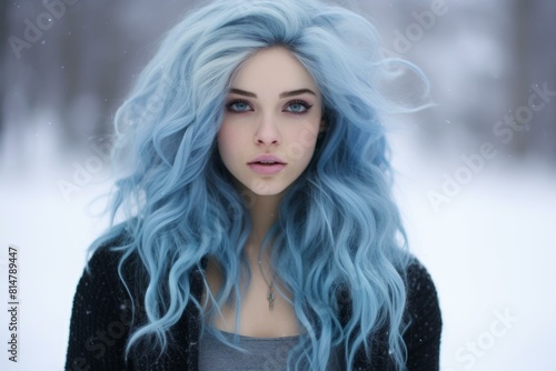 Portrait of a young woman with striking blue hair against a soft-focus winter background
