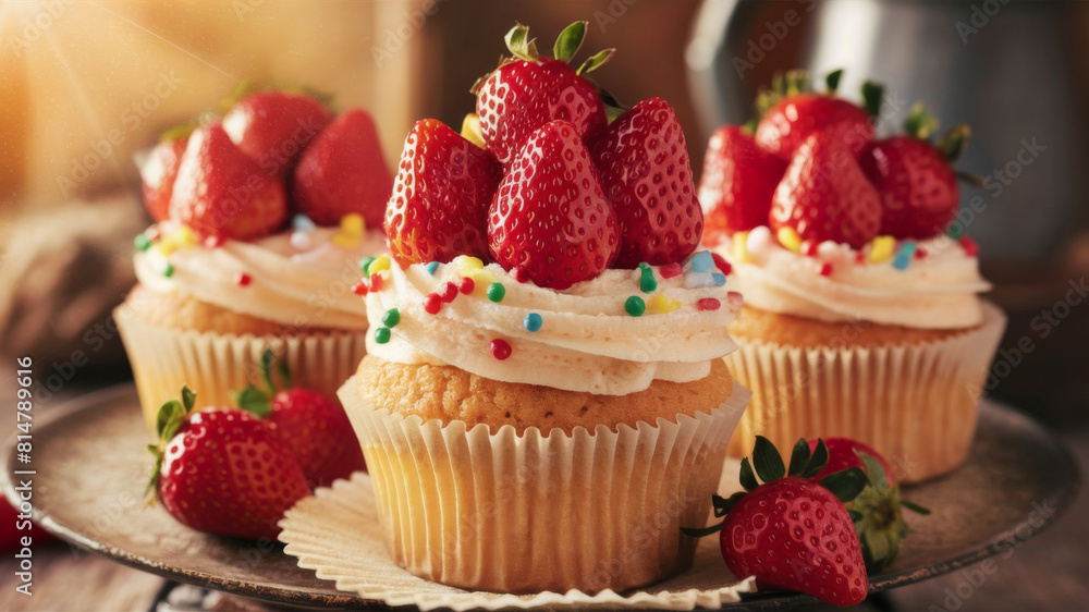 Strawberry and Cream Cupcakes on Wooden Plate