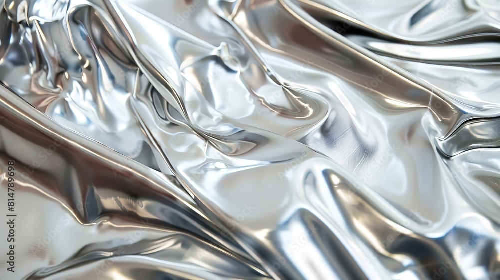 Closeup of a metallic surface where liquid chrome and silver hues blend, creating an abstract design that resembles a fluid, shimmering fabric, the texture rich and captivating Closeup of a metallic surface where liquid chrome and silver hues blend, creating an abstract design that resembles a fluid, shimmering fabric, the texture rich and captivating