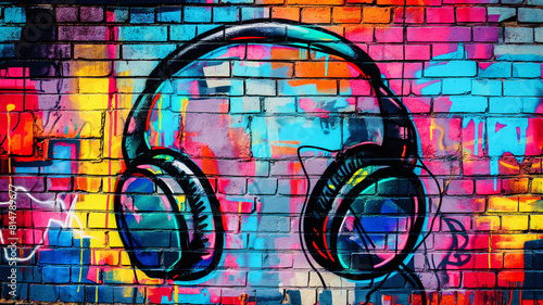 Pop art comic street graffiti with a headphones on a brick wall. Fantastic background.	 photo