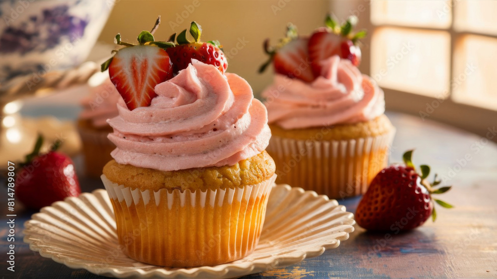 Fresh strawberry cupcakes with cream and fresh berry decoration Fresh strawberry cupcakes with cream and fresh berry decoration