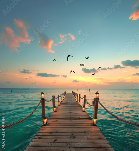 romantic wooden pier with lantern over the tropical ocean