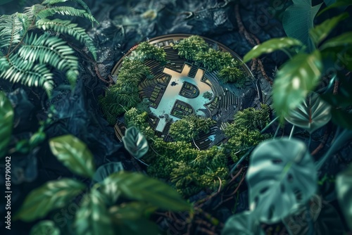 Cryptocurrency and conservation come together in a montage that shows a bitcoin embedded in a lush green forest, symbolizing sustainable finance with space for additional insights