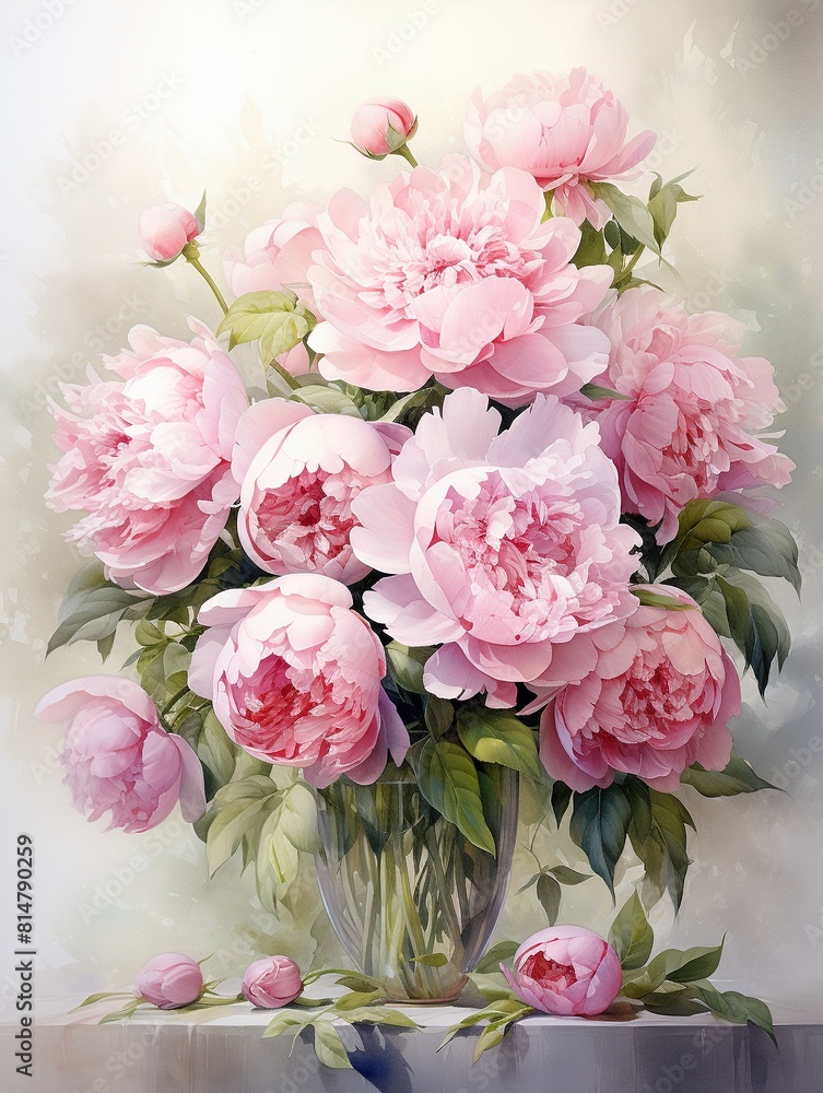 A bouquet of soft pink peonies with lush green leaves. A bouquet of soft pink peonies with lush green leaves.
