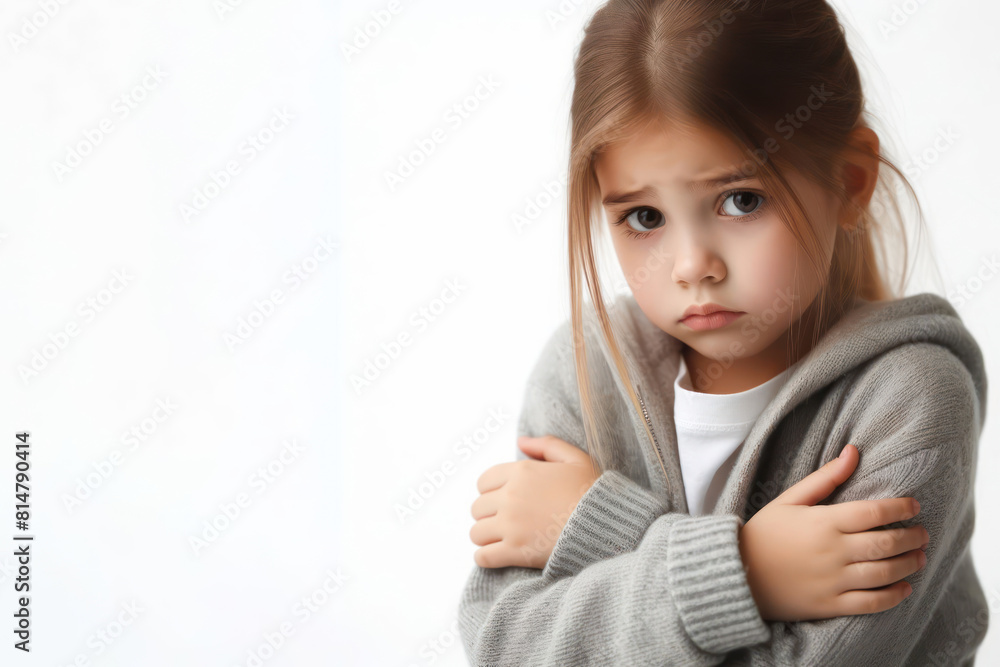 Sad child who is cold hugs himself on a white background Sad child who is cold hugs himself on a white background