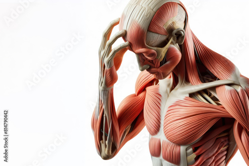 Structure of muscles and tendons upper body. Human muscle anatomy model in head and chest Isolated