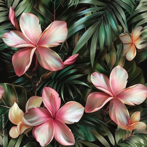 Exotic pink Frangipani blooms against a dark, glamorous background of lush palm leaves, in a seamless pattern designed for luxury vintage fabric