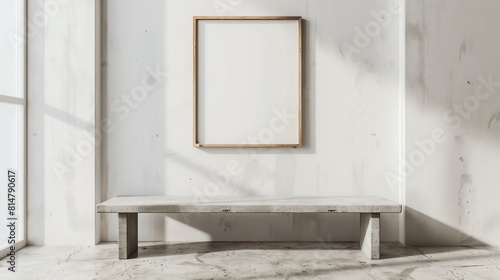 Minimalist interior design featuring one empty frame on a wall above a concrete bench, with a textured white background, 3D render