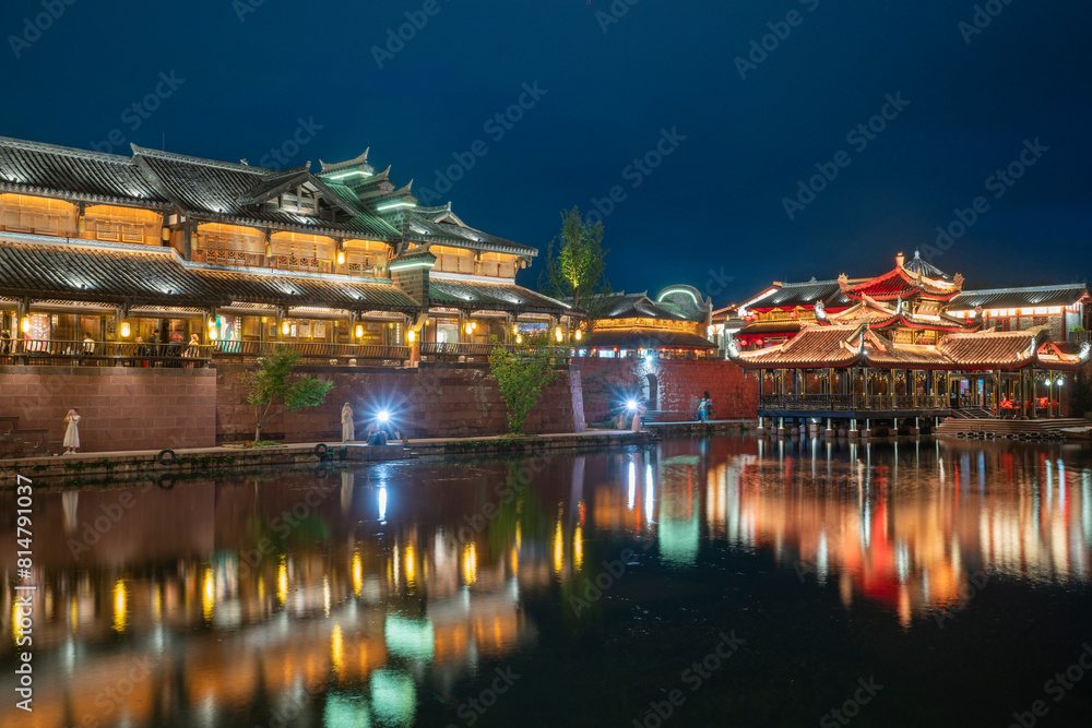 Naklejka premium At night, the beautiful ancient town of Lizhuang on the lake, Yibin City, Sichuan Province, China