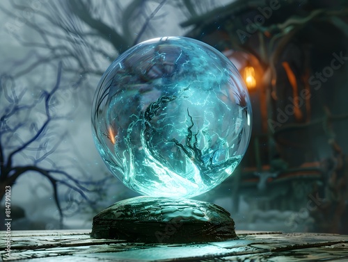 Crystal ball in scary nature background in witch forest.