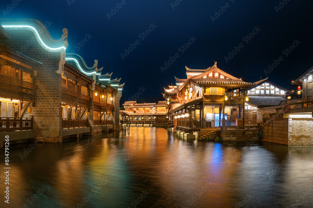 At night, the beautiful ancient town of Lizhuang on the lake, Yibin City, Sichuan Province, China