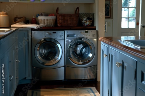 A lively laundry room where a washer and dryer are working diligently to clean and dry clothes. photo