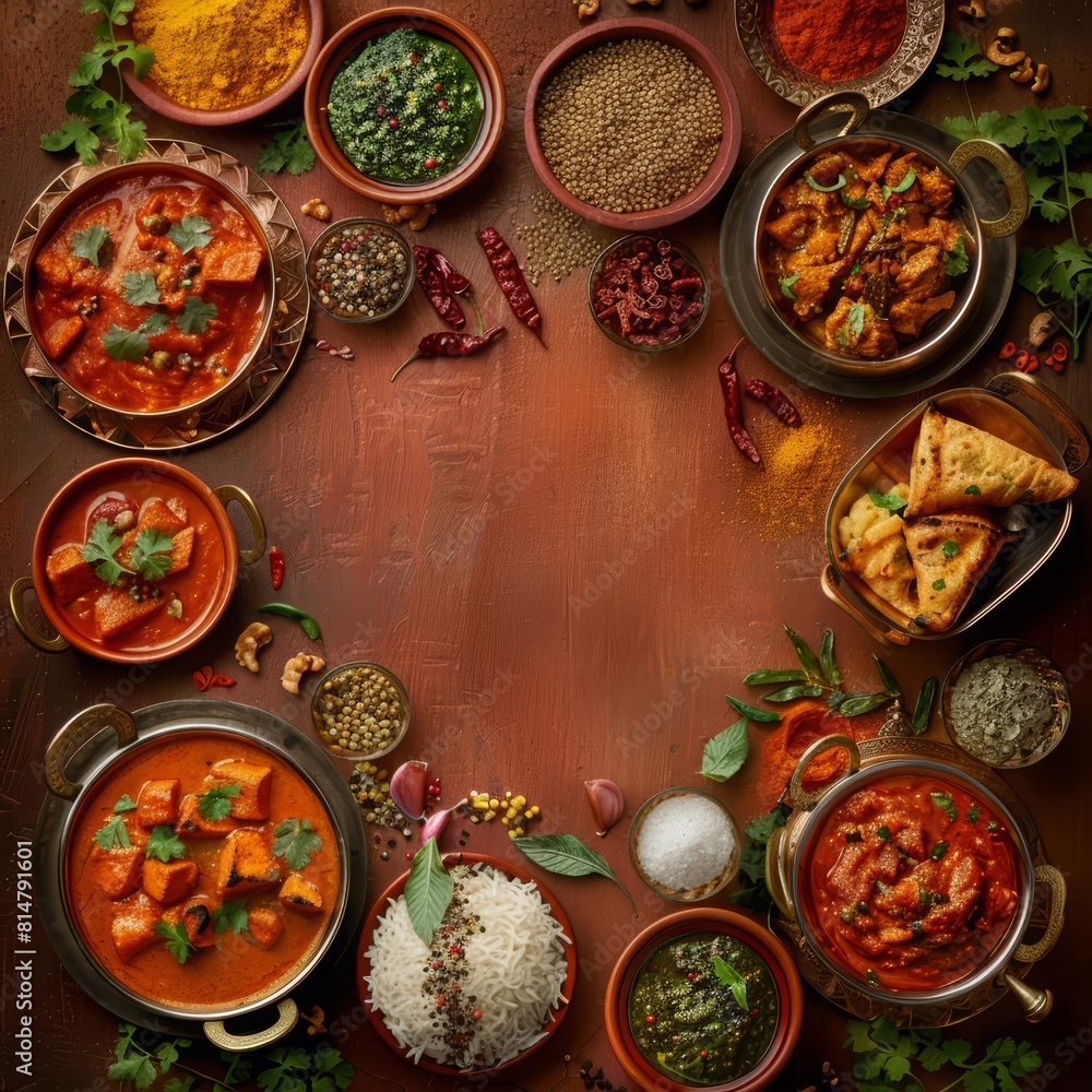 Indian curry dishes, rich in spices and vibrant colors, are highlighted in this enticing food commercial advertisement, with solid background and copy space on center for advertise Indian curry dishes, rich in spices and vibrant colors, are highlighted in this enticing food commercial advertisement, with solid background and copy space on center for advertise