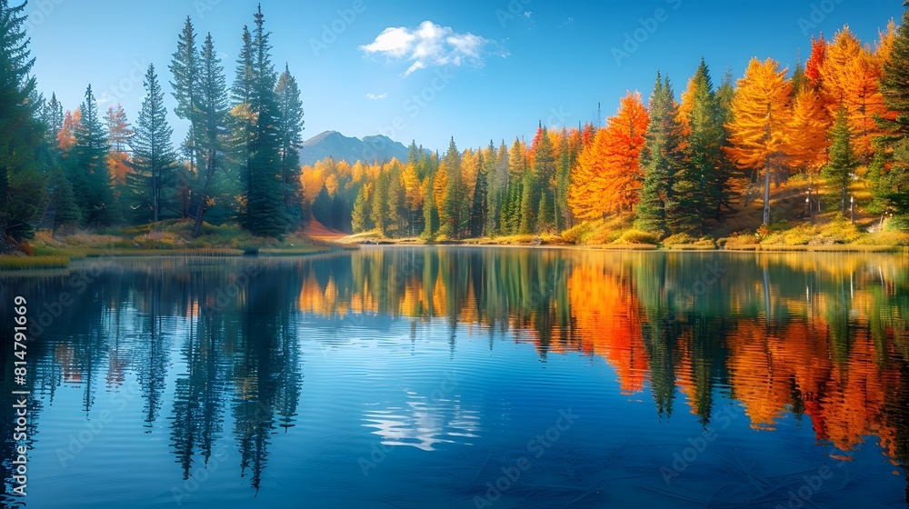 A serene lake surrounded by colorful autumn foliage, reflecting the sky and trees in its clear waters.
A serene lake surrounded by colorful autumn foliage, reflecting the sky and trees in its clear waters.