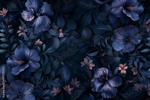 Luxurious digital art of dark, exotic floral patterns on a glamorous night background, designed for highfashion wallpaper
