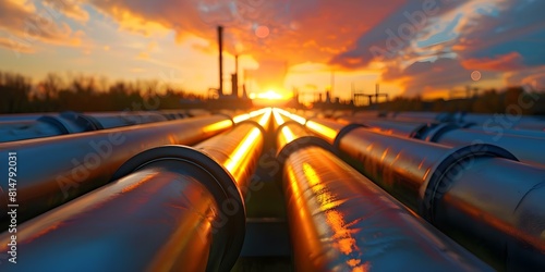 Oil Pipeline System: Transporting Oil to Refinery for Processing Petroleum Products. Concept Oil Extraction, Transportation, Refining, Petroleum Products, Pipeline Operation