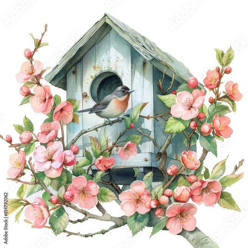 A bird is perched on a birdhouse in front of a bush full of pink flowers