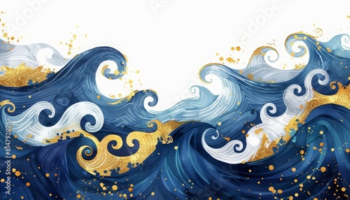 Magical fairytale ocean waves painted in navy and gold swirls, ideal for a childrens book illustration or a whimsical nursery decor photo