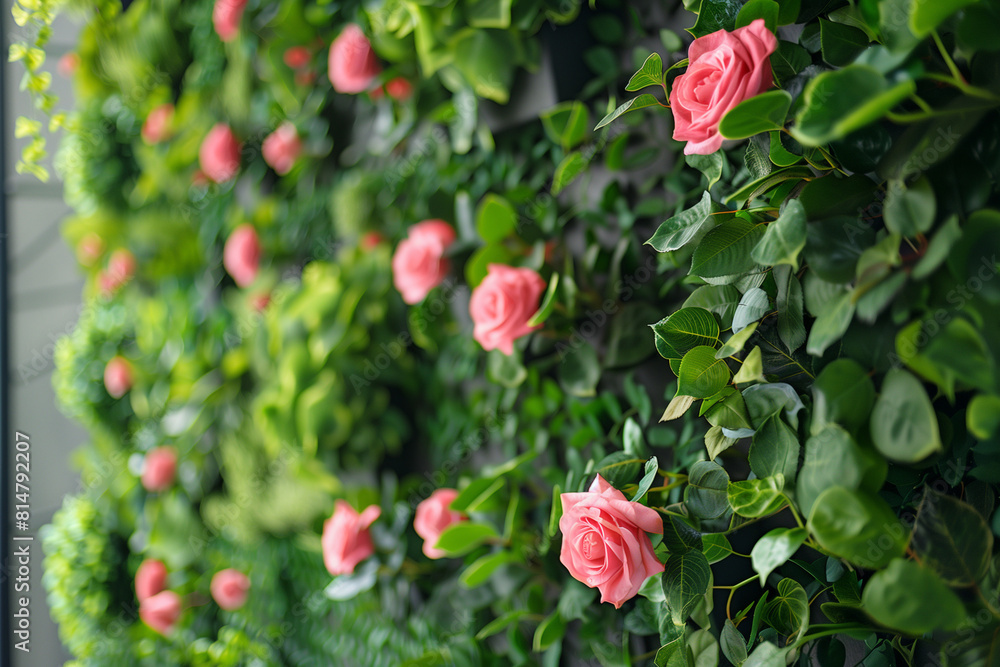 Pink roses living wall with perennial plants in modern office. Urban gardening landscaping interior design. Fresh green vertical plant wall inside office. Pink roses living wall with perennial plants in modern office. Urban gardening landscaping interior design. Fresh green vertical plant wall inside office.