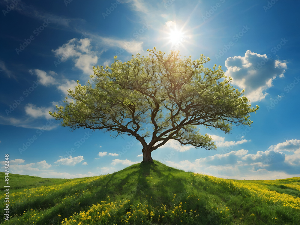Obraz premium The landscape is transformed as vibrant hues of green blanket the earth, interspersed with the vibrant colors of blossoming flowers and the sturdy forms of trees.