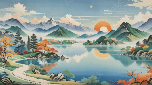 a painting of a lake surrounded by mountains