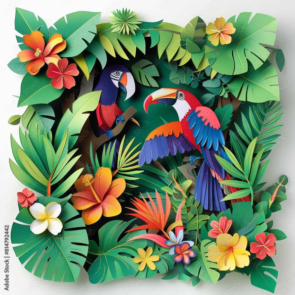 Paper cut design of a tropical rainforest with vivid birds and exotic plants, rendered in minimal styles to emphasize simplicity and elegance Paper cut design of a tropical rainforest with vivid birds and exotic plants, rendered in minimal styles to emphasize simplicity and elegance