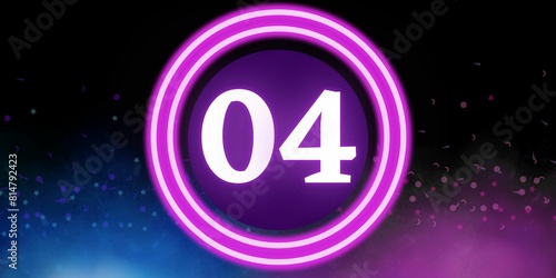 Number 04. Banner with the number four on a black background and blue and purple details with a circle purple in the middle photo