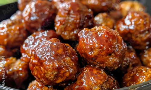 shiny barbecue meatballs with sticky sauce close up