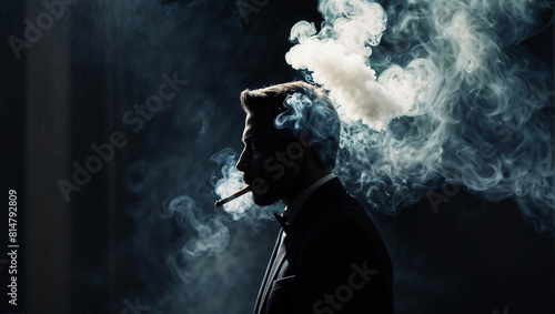 A man in a suit smoking with smoke surrounding him