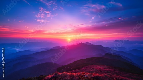 A stunning sunset over the horizon, with vibrant colors of orange and purple blending into blue sky above a mountain range.  © horizon