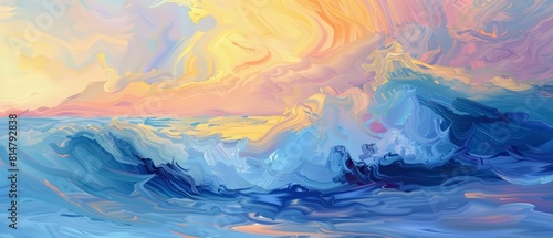 Sunset waves painting in pastel tones of blue, yellow, and pink, offering a peaceful yet colorful background for summer travel promotions photo