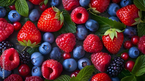 A vibrant mix of berries, including strawberries, raspberries and blueberries, with leaves in the background. 